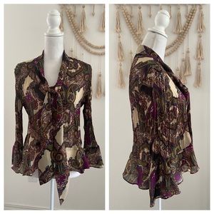 Vintage paisley blouse scarf tie neck sheer patterned top large Allison taylor